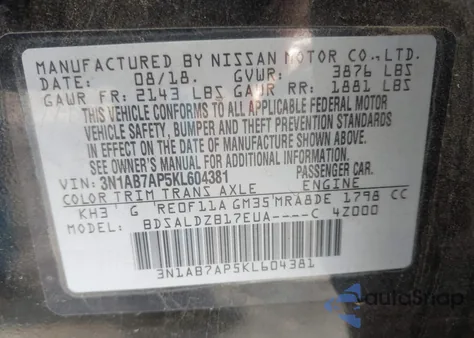 2019 Nissan Sentra Sv from USA, damaged, VIN 3N1AB7AP5KL604381